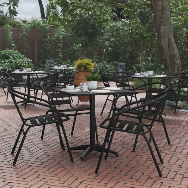 Flash Furniture Lila 27.5in Black Square Aluminum Indoor-Outdoor Table Set with 4 Black Slat Back Chairs TLH-ALUM-28SQ-017BK4-GG - main